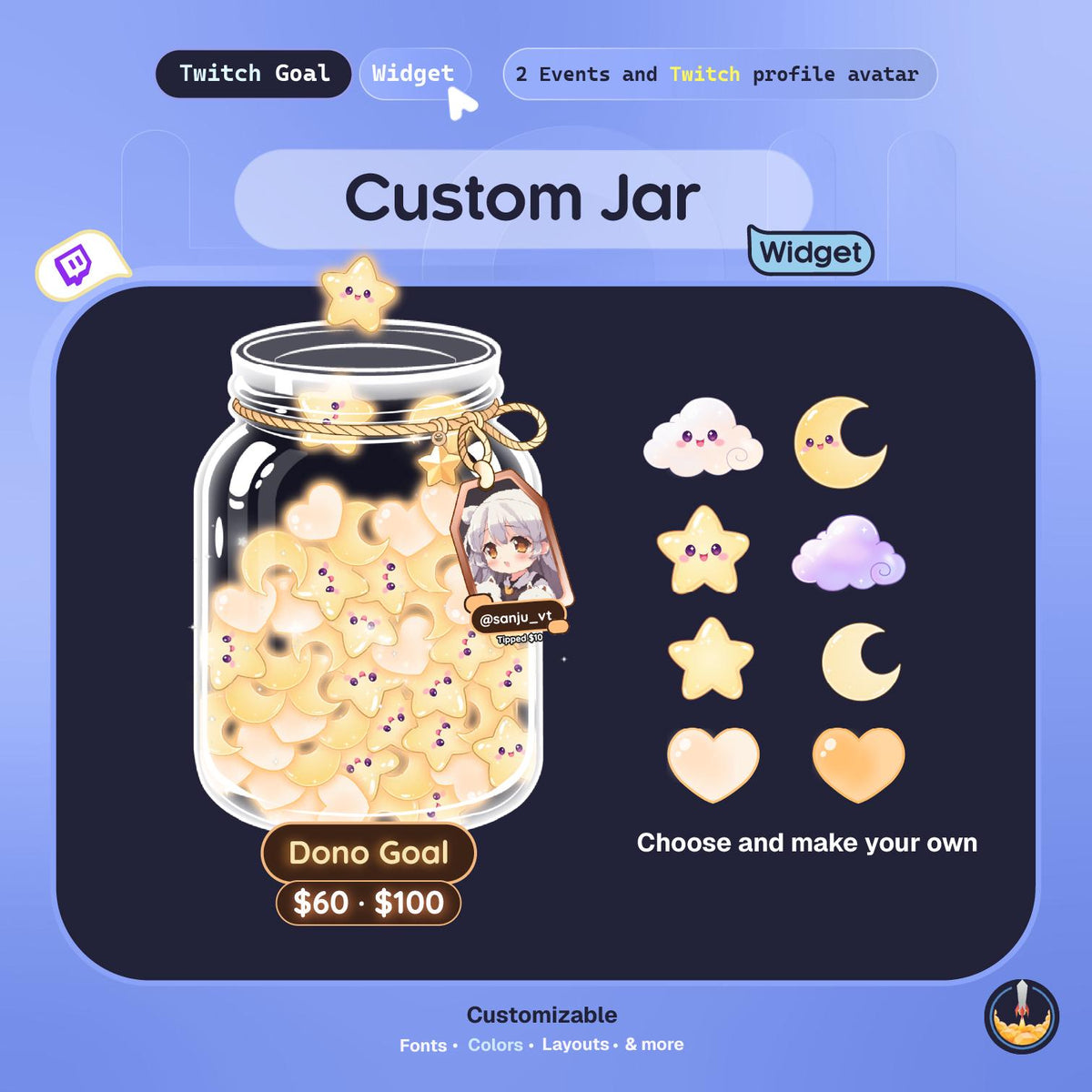 Moonlight Dream Jar • Twitch Goal Widget • Falling Stars Goal Overlay • Moon & Stars Stream Widget • Instant Download