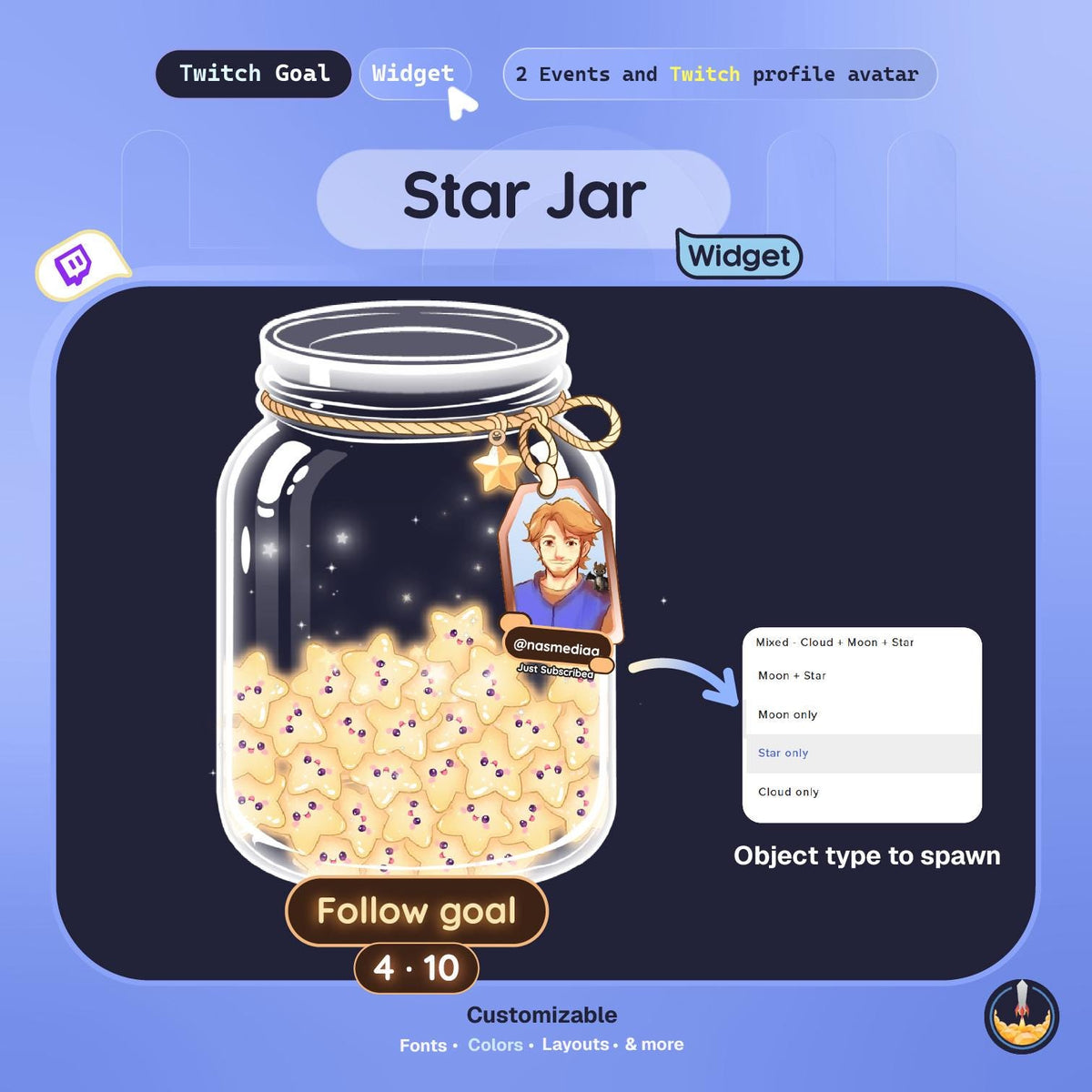 Moonlight Dream Jar • Twitch Goal Widget • Falling Stars Goal Overlay • Moon & Stars Stream Widget • Instant Download