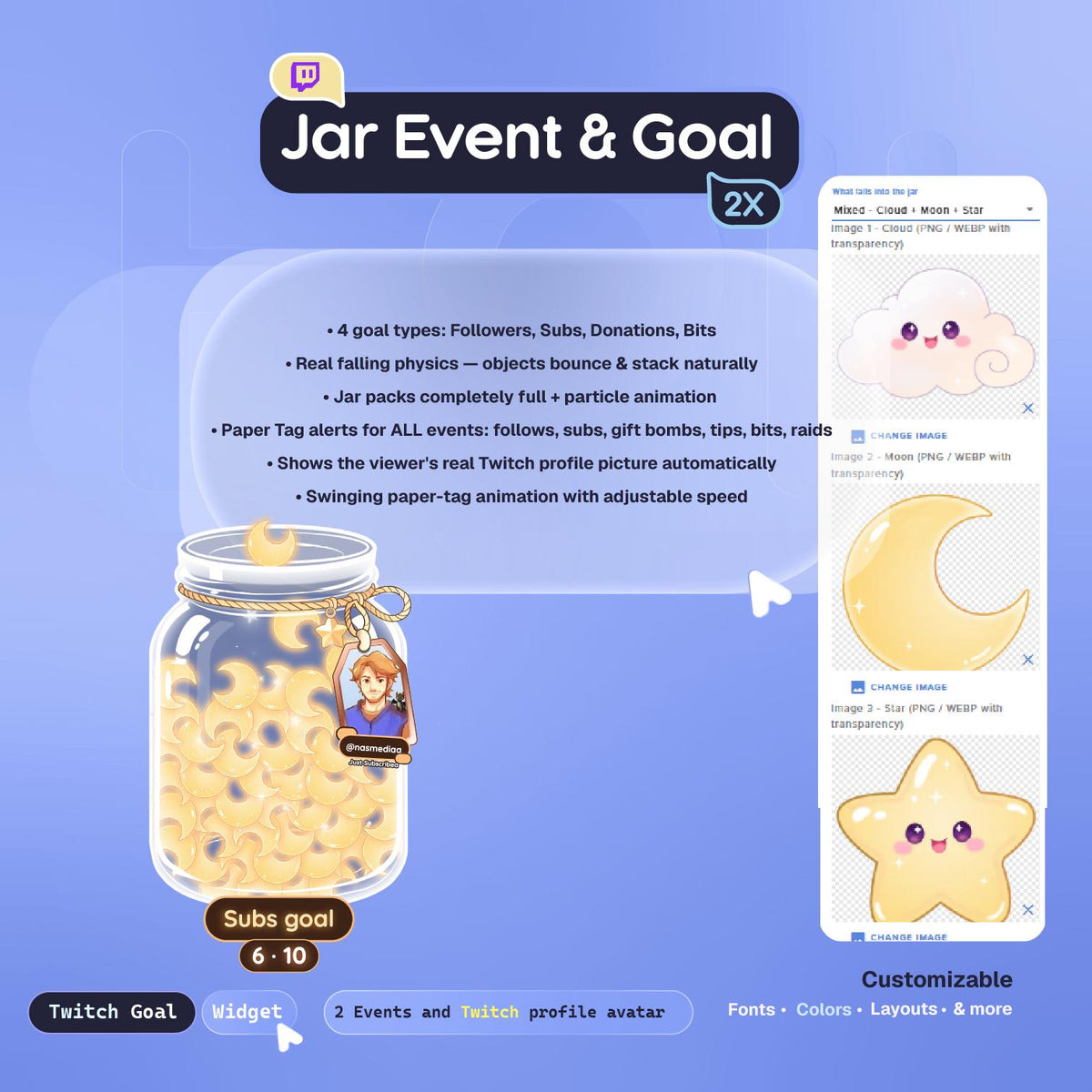 Moonlight Dream Jar • Twitch Goal Widget • Falling Stars Goal Overlay • Moon & Stars Stream Widget • Instant Download