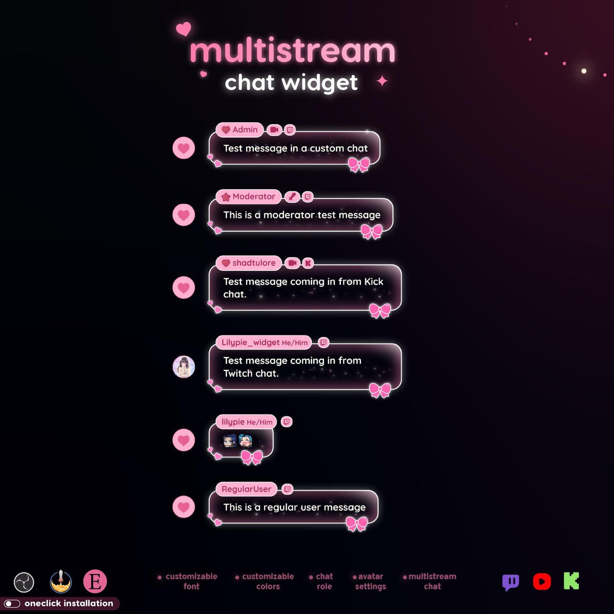 Pink Love Multistream Chat Widget | Twitch, YouTube, Kick Alerts, Avatars (StreamElements OBS)
