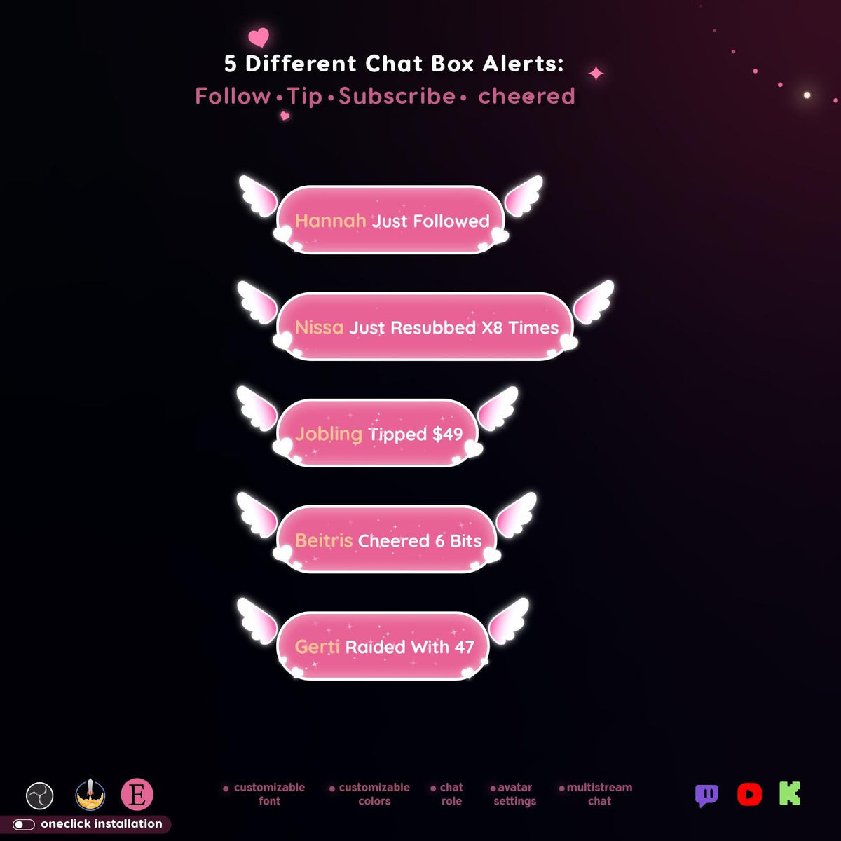 Pink Love Multistream Chat Widget | Twitch, YouTube, Kick Alerts, Avatars (StreamElements OBS)