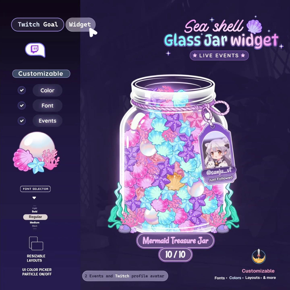 Seashell Falling Bubble Glass Jar Goal Widget for Twitch & StreamElements | Sub Follower Donation Bits Goal + Live Alert Tag Avatar