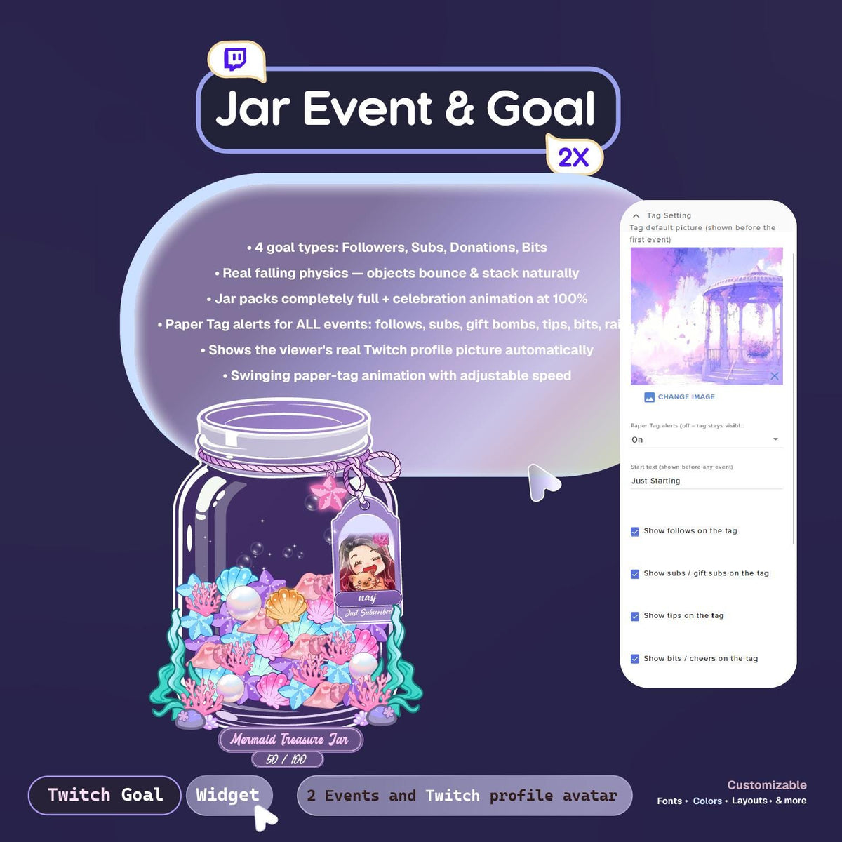 Seashell Falling Bubble Glass Jar Goal Widget for Twitch & StreamElements | Sub Follower Donation Bits Goal + Live Alert Tag Avatar