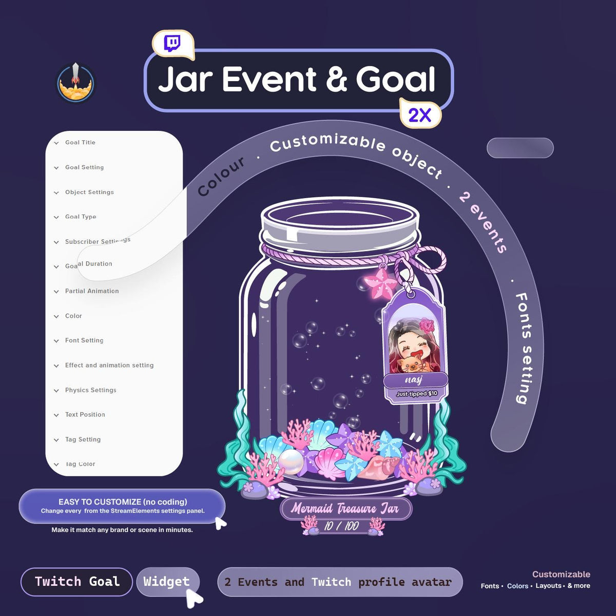 Seashell Falling Bubble Glass Jar Goal Widget for Twitch & StreamElements | Sub Follower Donation Bits Goal + Live Alert Tag Avatar