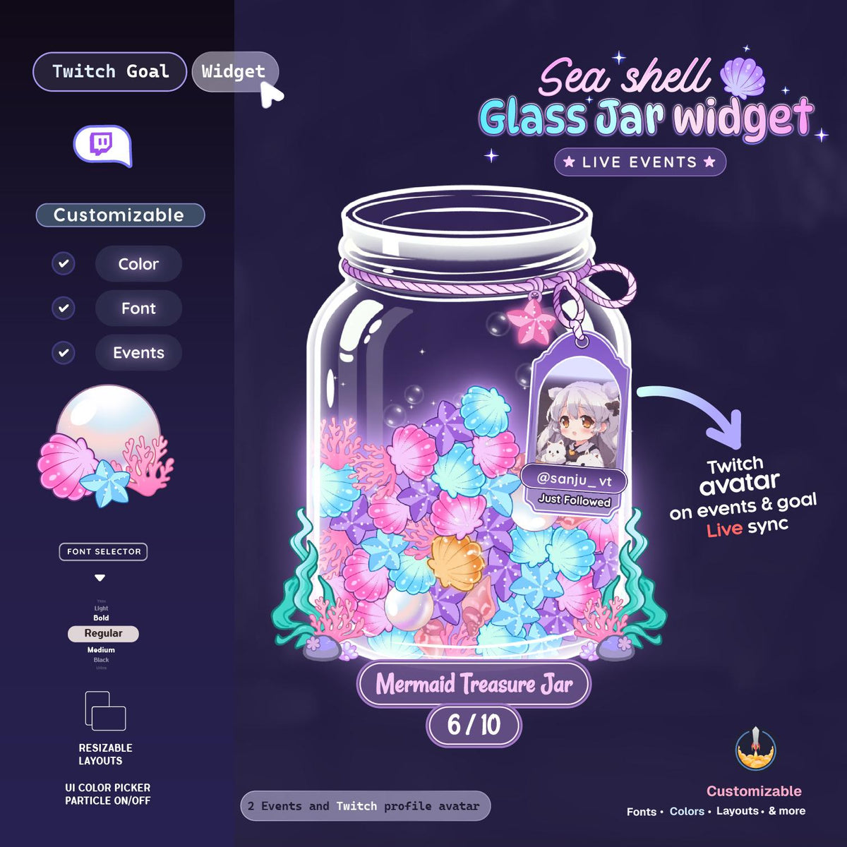 Seashell Falling Bubble Glass Jar Goal Widget for Twitch & StreamElements | Sub Follower Donation Bits Goal + Live Alert Tag Avatar