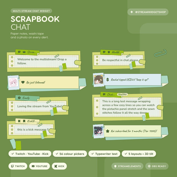 Matcha Scrapbook Chat Widget: Cottagecore Twitch, YouTube, Kick Overlay