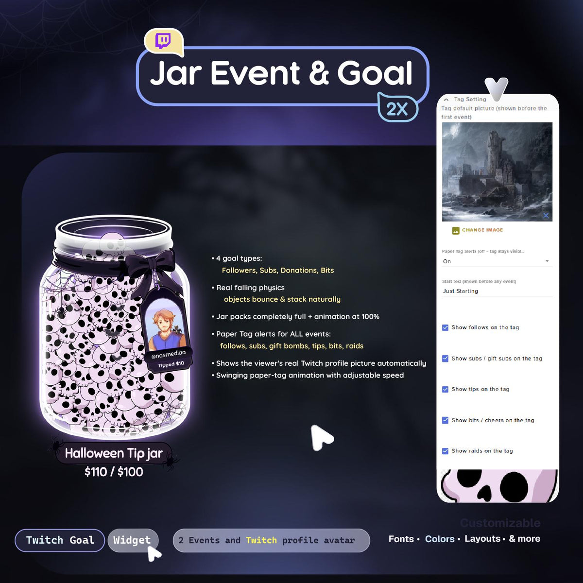 Skull Jar Goal • Twitch Goal Widget • Spooky Stream Widget (Streamelements) • Instant Download