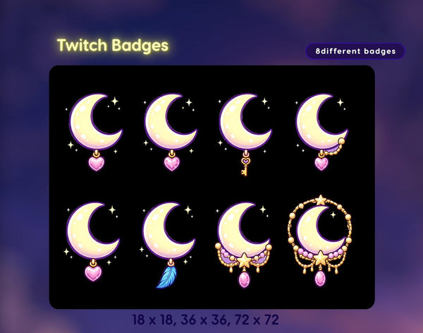 Celestial Moon Twitch Sub Badges | Kawaii Moon | Lunar Streamer Badges