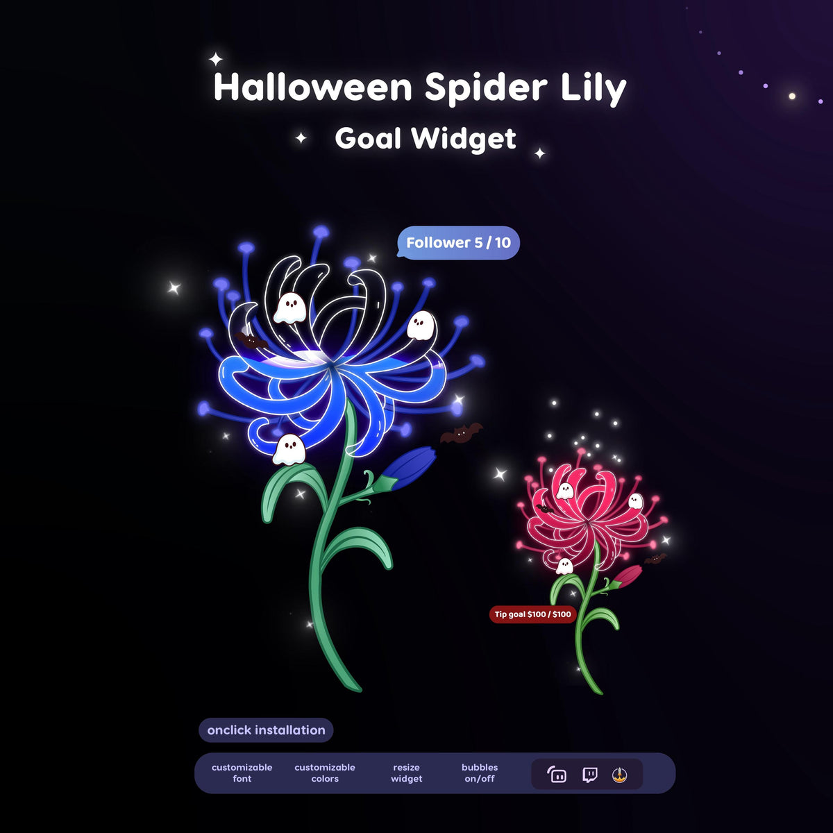Spooky Spider Lily Twitch Goal Widget for Streamers  | Animated Halloween Alert Widget | Kawaii Ghost Bat Decor