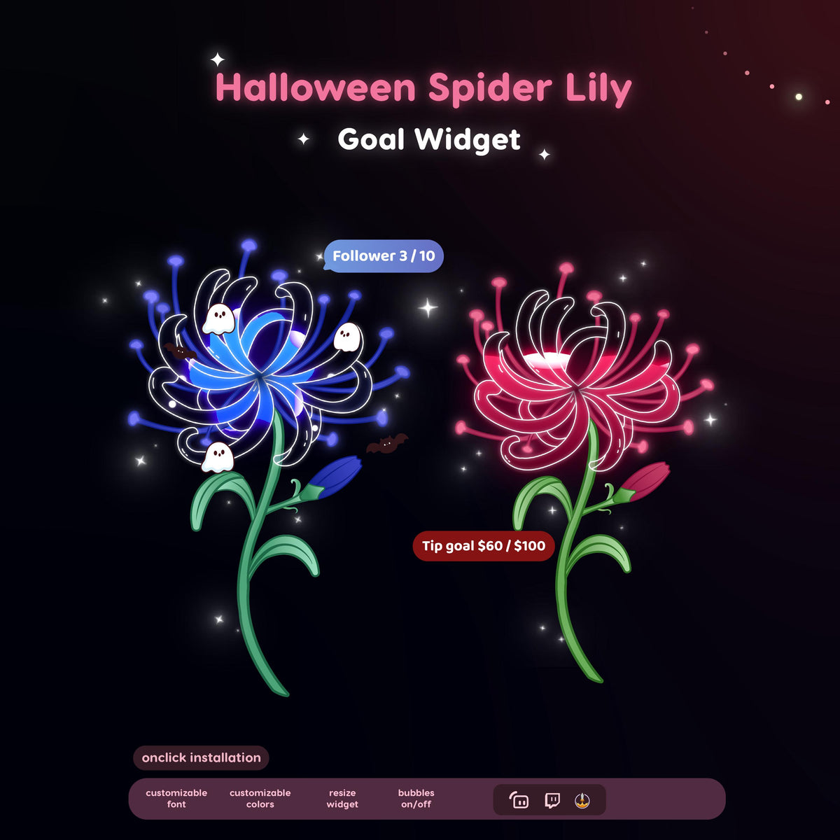 Spooky Spider Lily Twitch Goal Widget for Streamers  | Animated Halloween Alert Widget | Kawaii Ghost Bat Decor