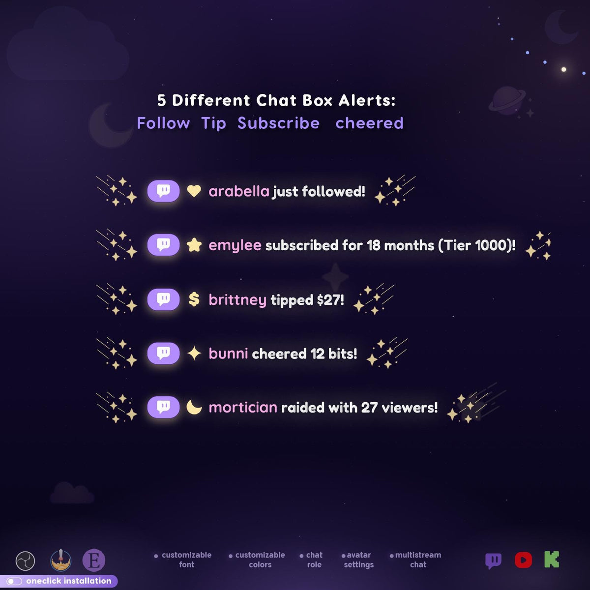 Cosmic Galaxy Multistream Chat Widget, Animated Twitch YouTube Kick Overlay for OBS