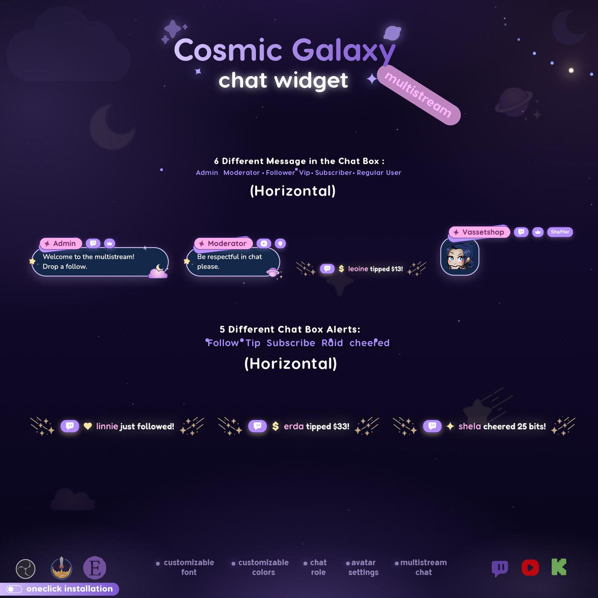 Cosmic Galaxy Multistream Chat Widget, Animated Twitch YouTube Kick Overlay for OBS