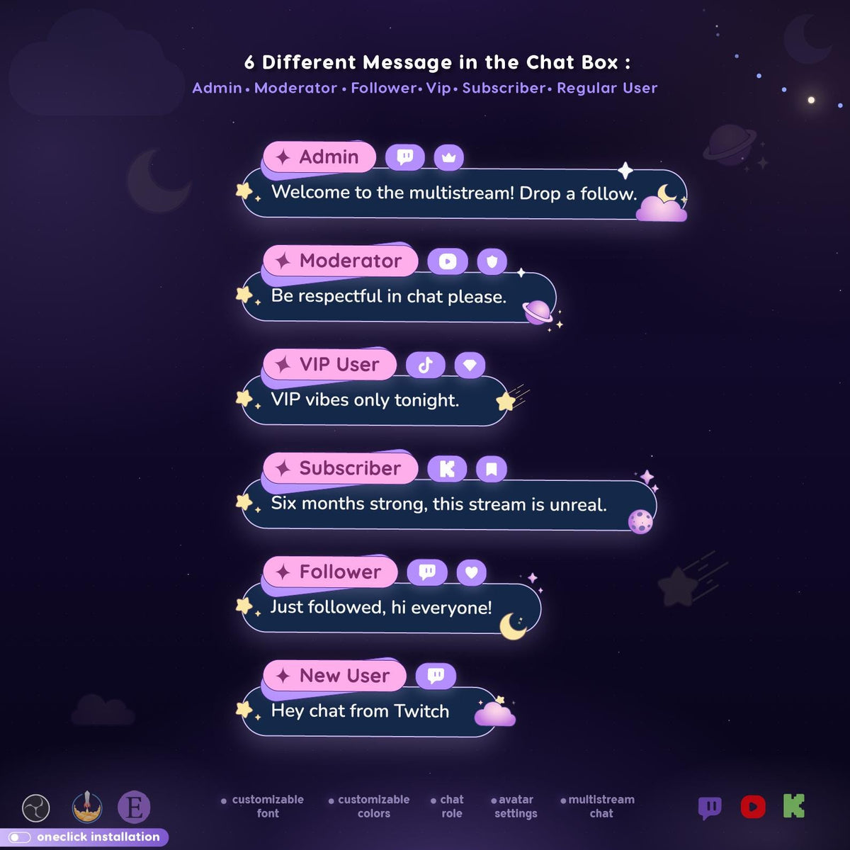 Cosmic Galaxy Multistream Chat Widget, Animated Twitch YouTube Kick Overlay for OBS