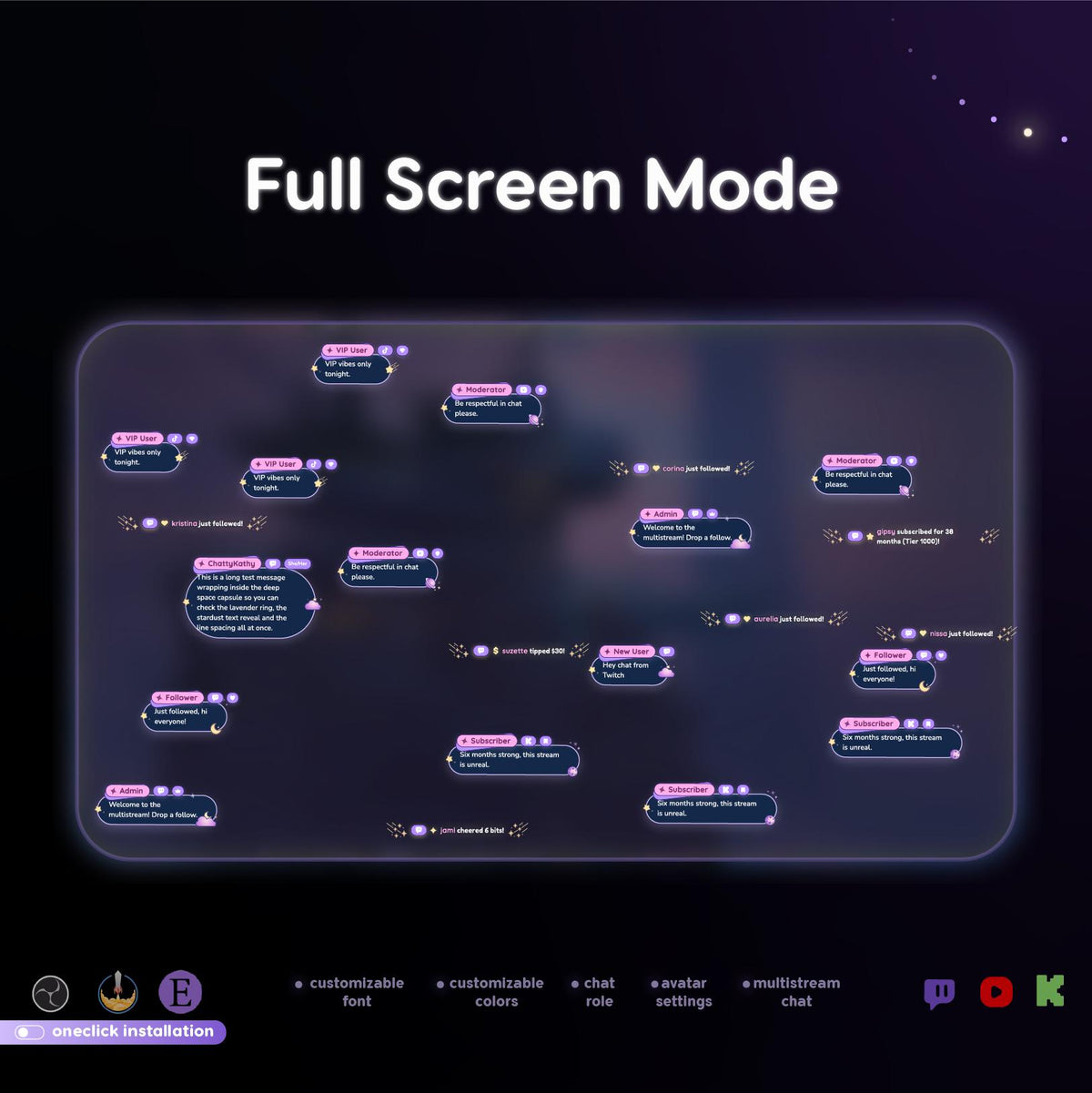Cosmic Galaxy Multistream Chat Widget, Animated Twitch YouTube Kick Overlay for OBS