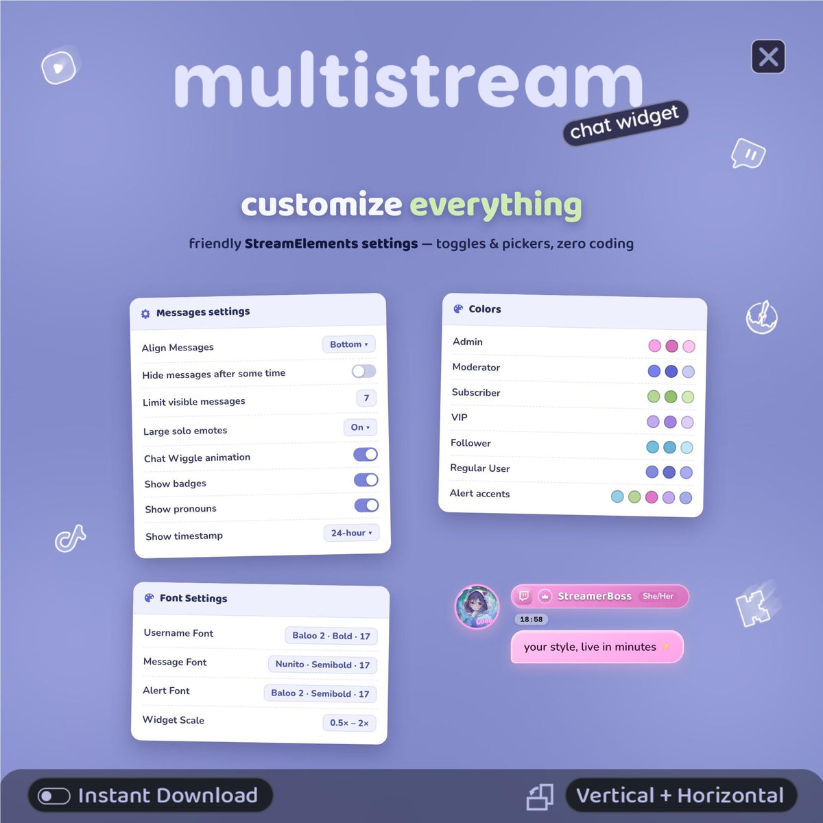 Multistream Chat Widget for Twitch YouTube Kick TikTok ⟢ Periwinkle-Dream Overlay • StreamElements OBS • Alerts Avatars 3D Chat