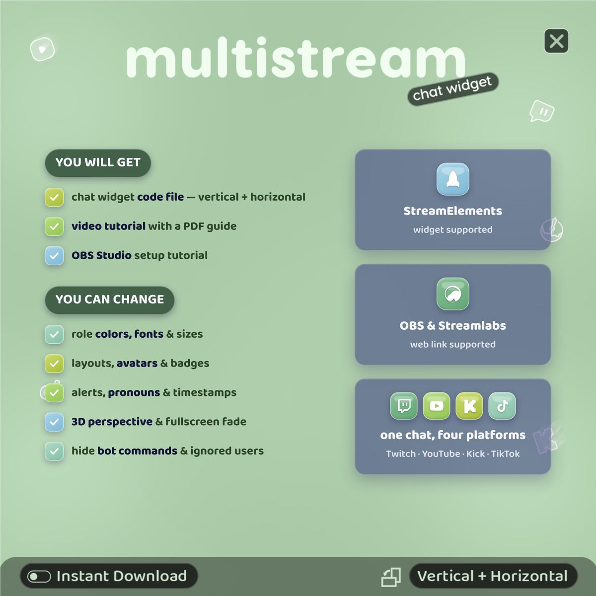 Multistream Chat Widget for Twitch YouTube Kick TikTok ⟢ Matcha Clover Overlay • StreamElements OBS • Alerts Avatars 3D Chat
