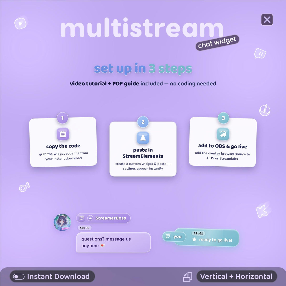 Multistream Chat Widget • Twitch, YouTube, Kick, TikTok (Blueberry Overlay) (Digital Download)