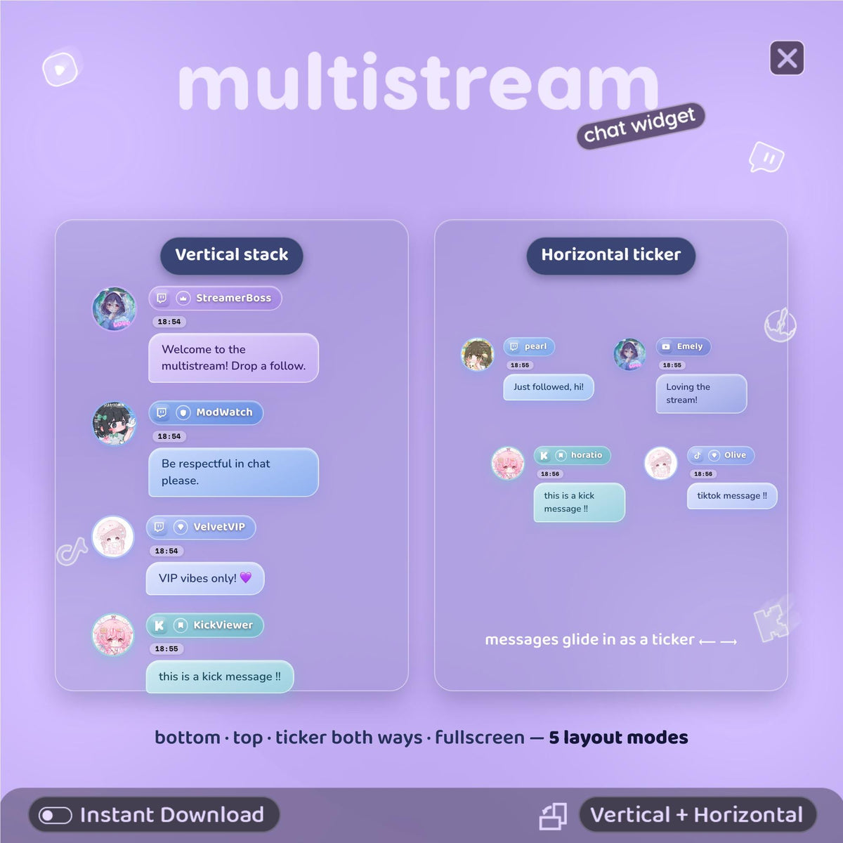 Multistream Chat Widget for Twitch YouTube Kick TikTok ⟢ Blueberry Overlay • StreamElements OBS • Alerts Avatars 3D Chat
