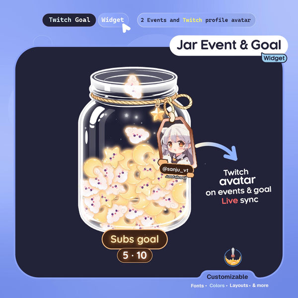 Moonlight Dream Jar • Twitch Goal Widget • Falling Stars Goal Overlay • Moon & Stars Stream Widget • Instant Download