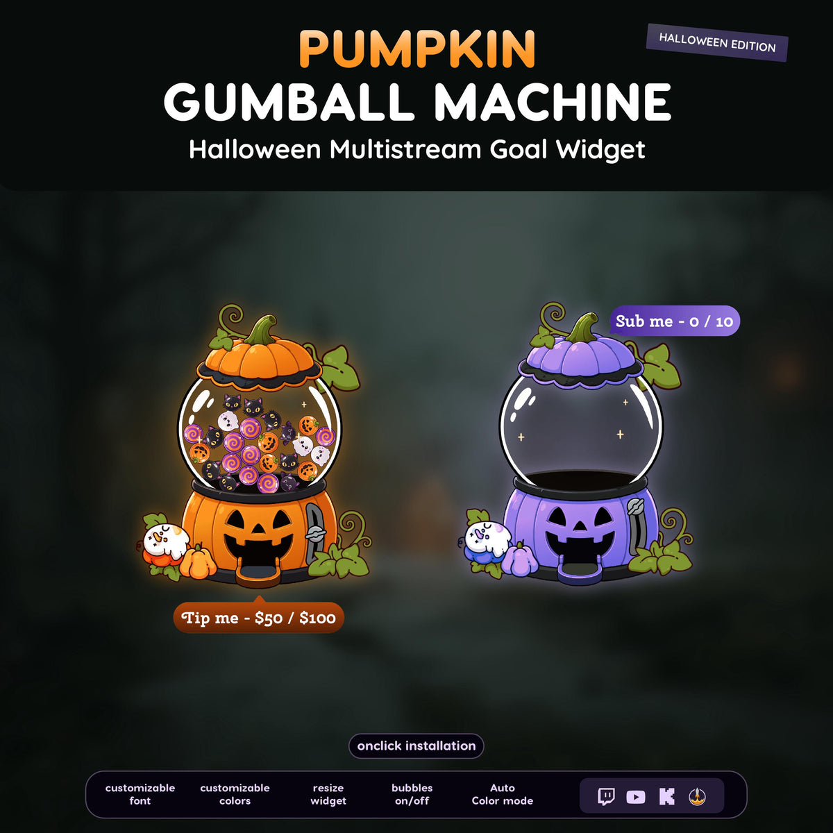MultiStream Halloween  Pumpkin Candy Jar Machine Goal Widget | Twitch YouTube Kick  Follower Sub Tip Bar | Animated OBS Overlay