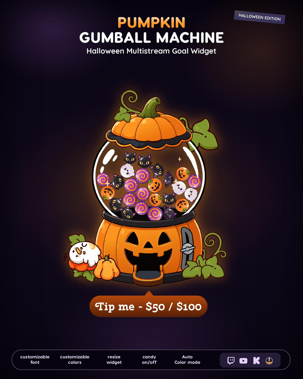 MultiStream Halloween  Pumpkin Candy Jar Machine Goal Widget | Twitch YouTube Kick  Follower Sub Tip Bar | Animated OBS Overlay