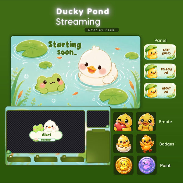 Animated Twitch Duck Overlay Package | Lily Pad, Pond ,Kawaii Frog | Froggy Overlay | Vtuber Stream Overlay