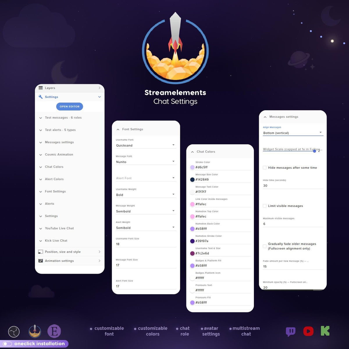 Cosmic Galaxy Multistream Chat Widget, Animated Twitch YouTube Kick Overlay for OBS
