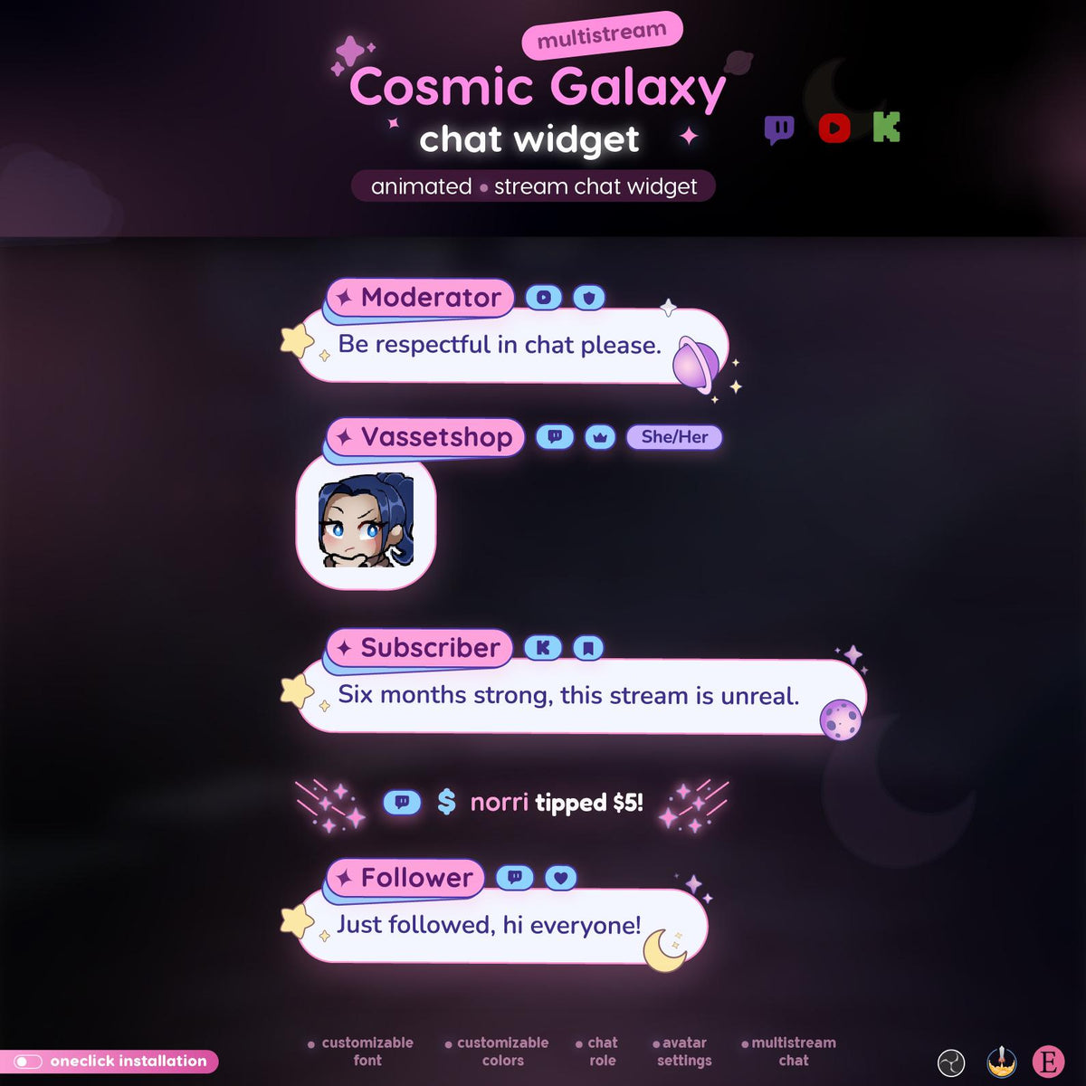 Pastel Pink Cosmic Galaxy Multistream  Chat Widget | | Twitch YouTube Kick  Animated Widget | Kawaii Streamer and Vtubers