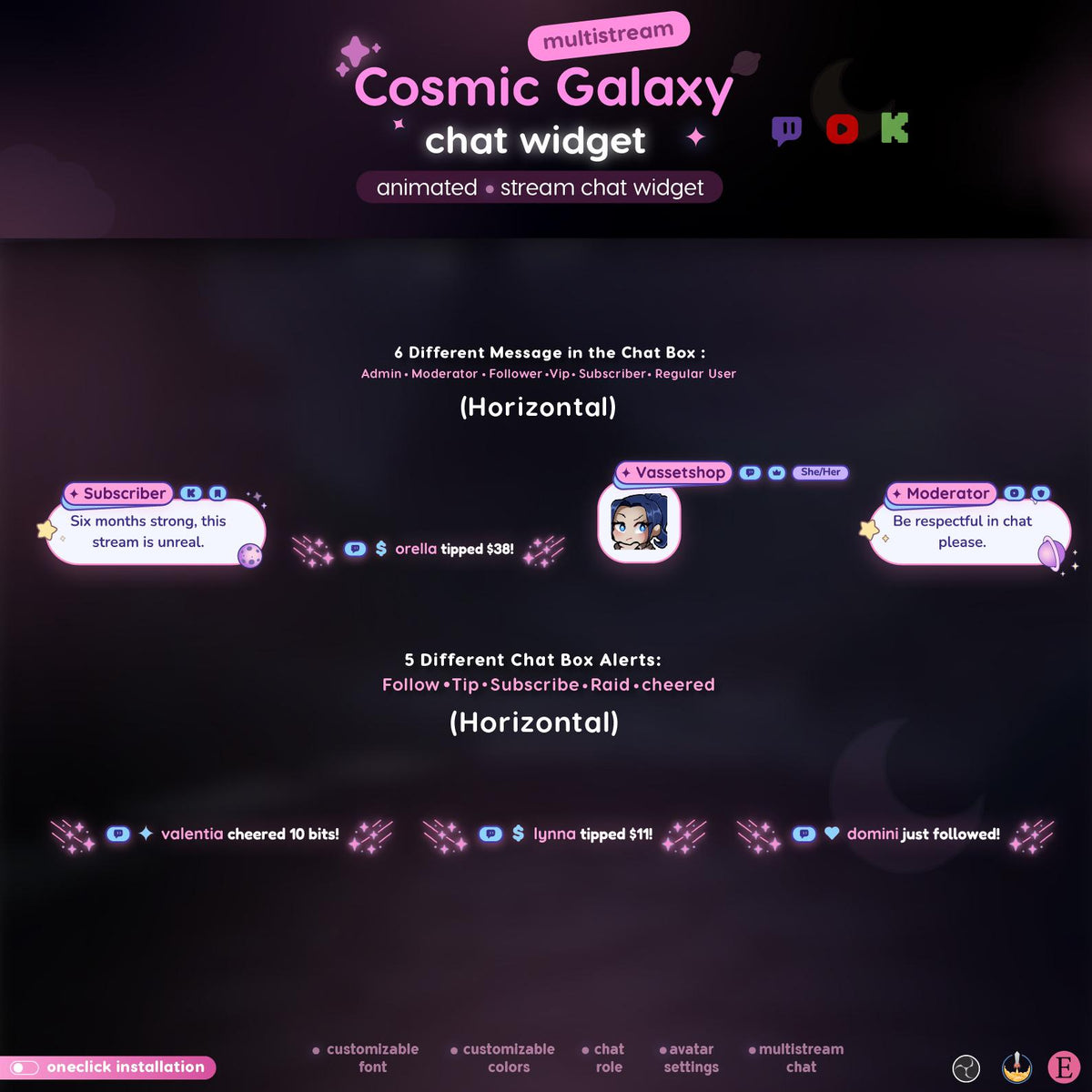Pastel Pink Cosmic Galaxy Multistream  Chat Widget | | Twitch YouTube Kick  Animated Widget | Kawaii Streamer and Vtubers