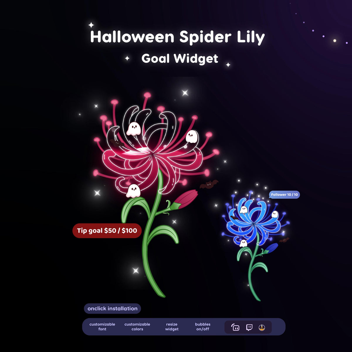 Animated Halloween Spider Lily Twitch Goal Widget | Kawaii Ghost Bat Decor (Digital Download)