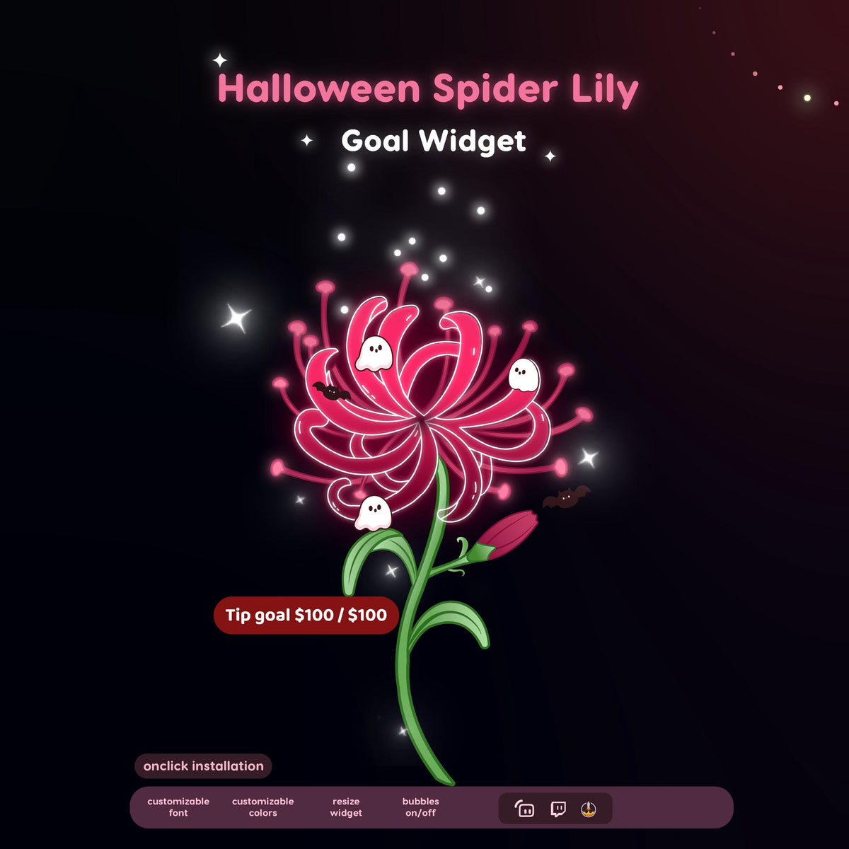 Spooky Spider Lily Twitch Goal Widget for Streamers  | Animated Halloween Alert Widget | Kawaii Ghost Bat Decor