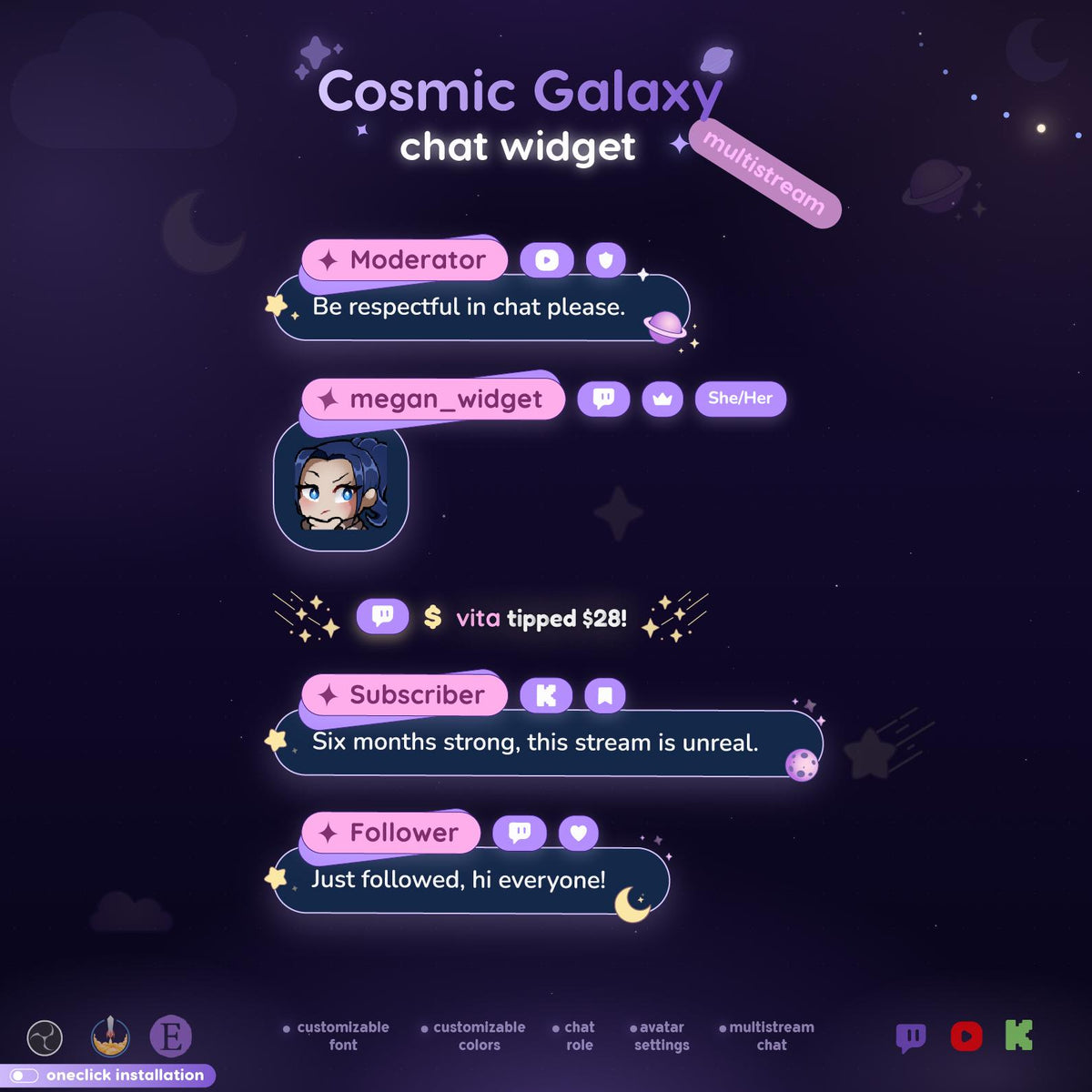 Cosmic Galaxy Multistream Chat Widget, Animated Twitch YouTube Kick Overlay for OBS