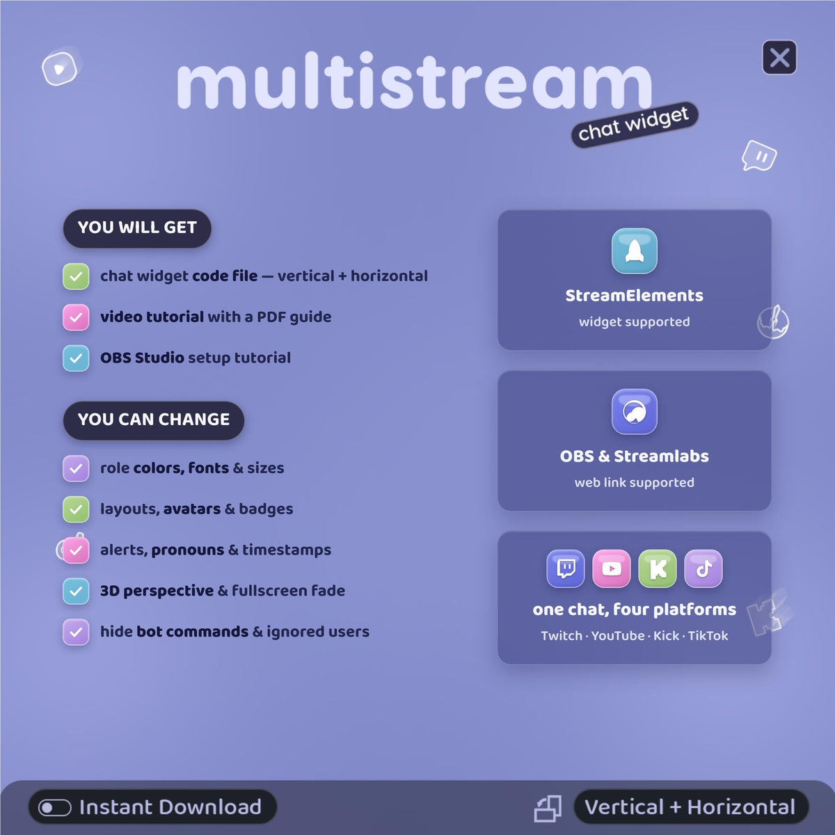 Multistream Chat Widget for Twitch YouTube Kick TikTok ⟢ Periwinkle-Dream Overlay • StreamElements OBS • Alerts Avatars 3D Chat