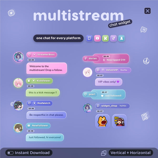 Multistream Chat Widget for Twitch YouTube Kick TikTok ⟢ Periwinkle-Dream Overlay • StreamElements OBS • Alerts Avatars 3D Chat