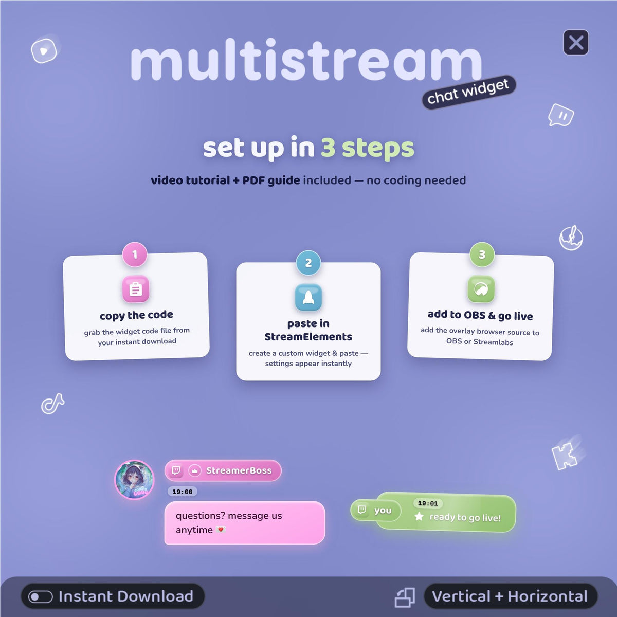 Multistream Chat Widget for Twitch YouTube Kick TikTok ⟢ Periwinkle-Dream Overlay • StreamElements OBS • Alerts Avatars 3D Chat