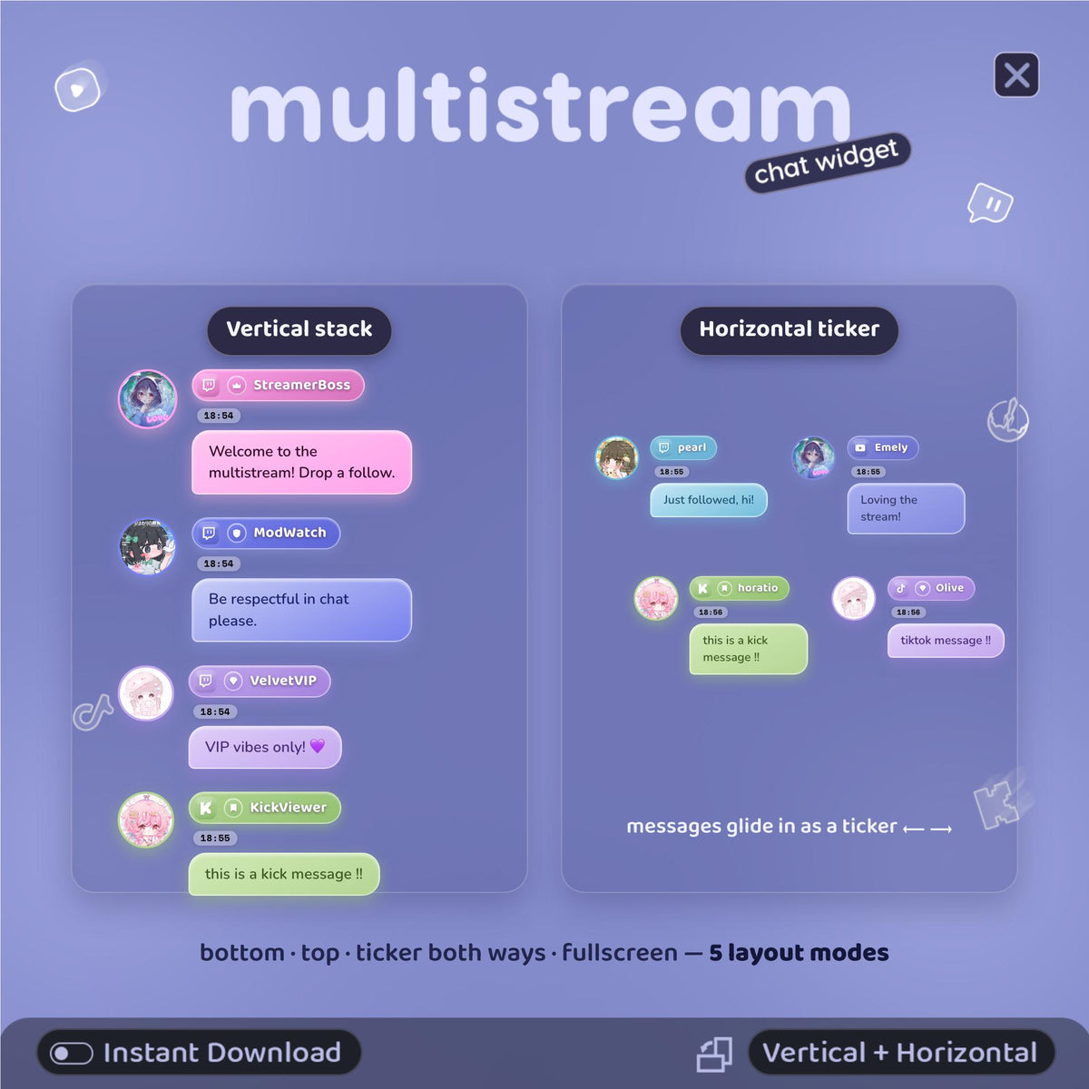 Multistream Chat Widget for Twitch YouTube Kick TikTok ⟢ Periwinkle-Dream Overlay • StreamElements OBS • Alerts Avatars 3D Chat