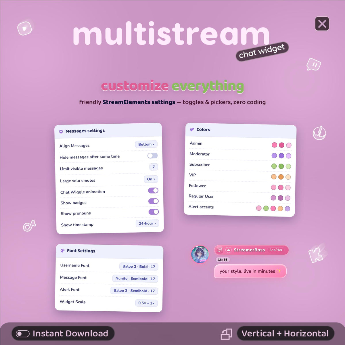 Multistream Chat Widget for Twitch YouTube Kick TikTok ⟢ Rosa Chick Overlay • StreamElements OBS • Alerts Avatars 3D Chat
