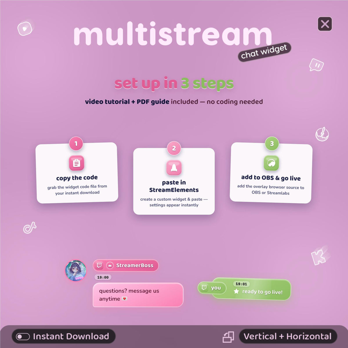 Multistream Chat Widget for Twitch YouTube Kick TikTok ⟢ Rosa Chick Overlay • StreamElements OBS • Alerts Avatars 3D Chat