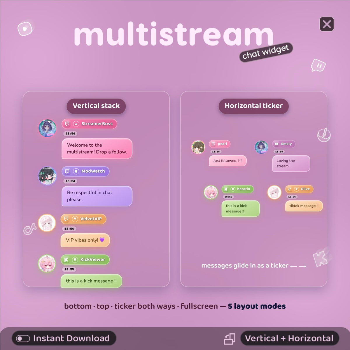 Multistream Chat Widget for Twitch YouTube Kick TikTok ⟢ Rosa Chick Overlay • StreamElements OBS • Alerts Avatars 3D Chat