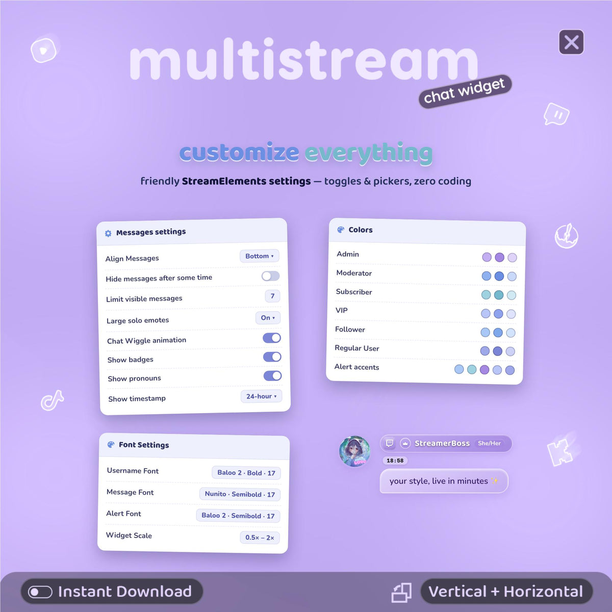 Multistream Chat Widget for Twitch YouTube Kick TikTok ⟢ Blueberry Overlay • StreamElements OBS • Alerts Avatars 3D Chat