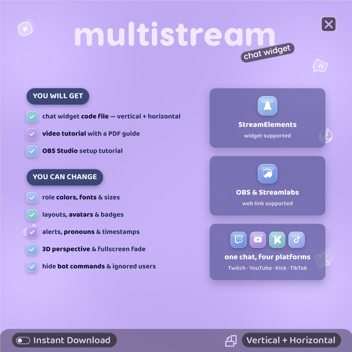 Multistream Chat Widget for Twitch YouTube Kick TikTok ⟢ Blueberry Overlay • StreamElements OBS • Alerts Avatars 3D Chat