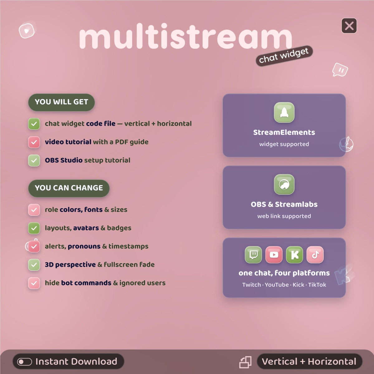 Multistream Chat Widget for Twitch YouTube Kick TikTok ⟢ Garden-Pink Overlay • StreamElements OBS • Alerts Avatars 3D Chat