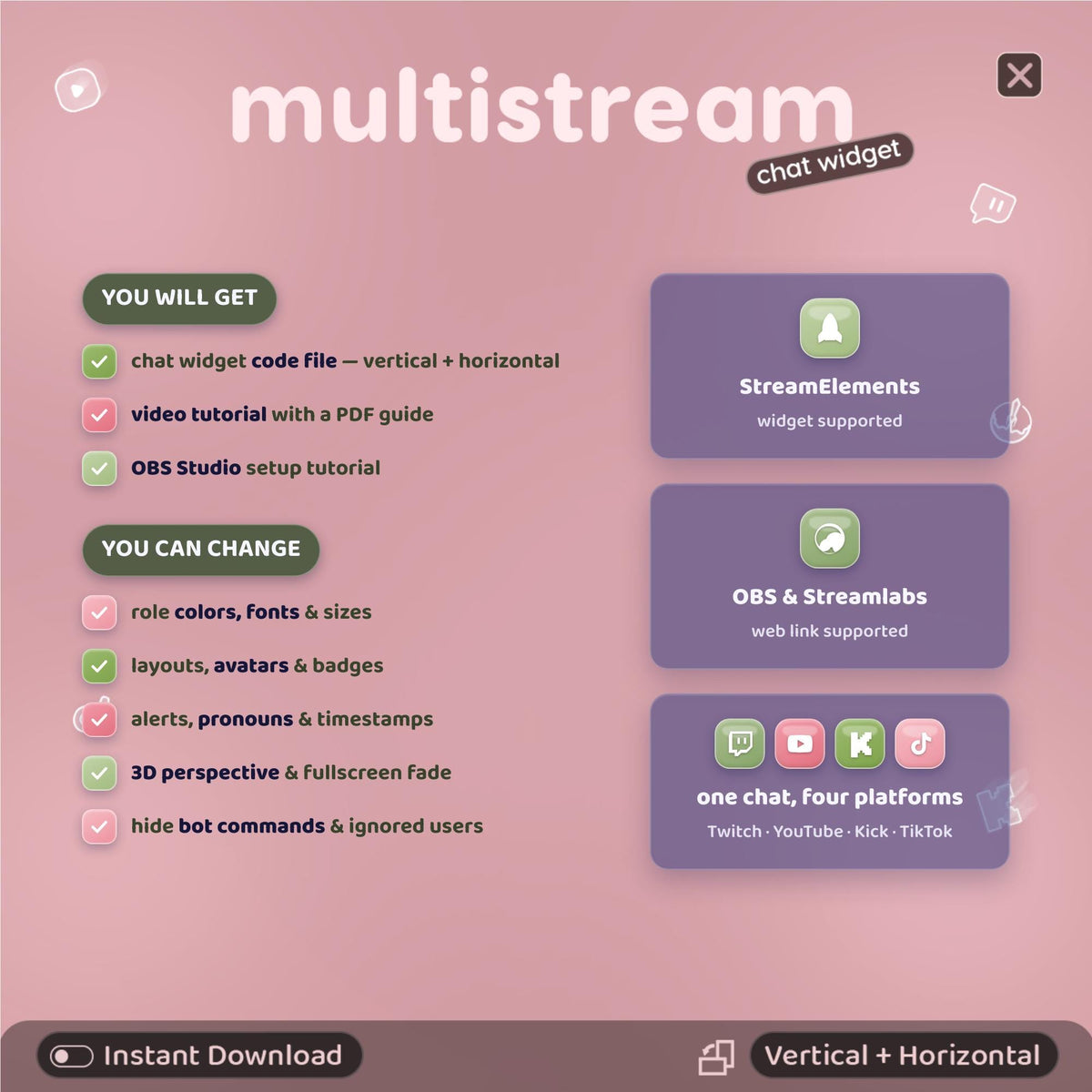 Multistream Chat Widget • Garden-Pink Overlay, 3D Chat (Digital Download)