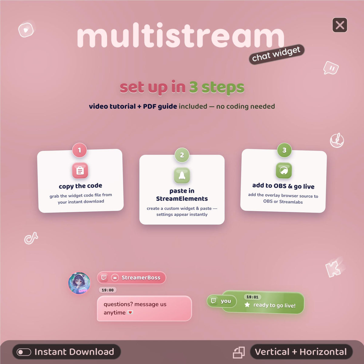 Multistream Chat Widget for Twitch YouTube Kick TikTok ⟢ Garden-Pink Overlay • StreamElements OBS • Alerts Avatars 3D Chat
