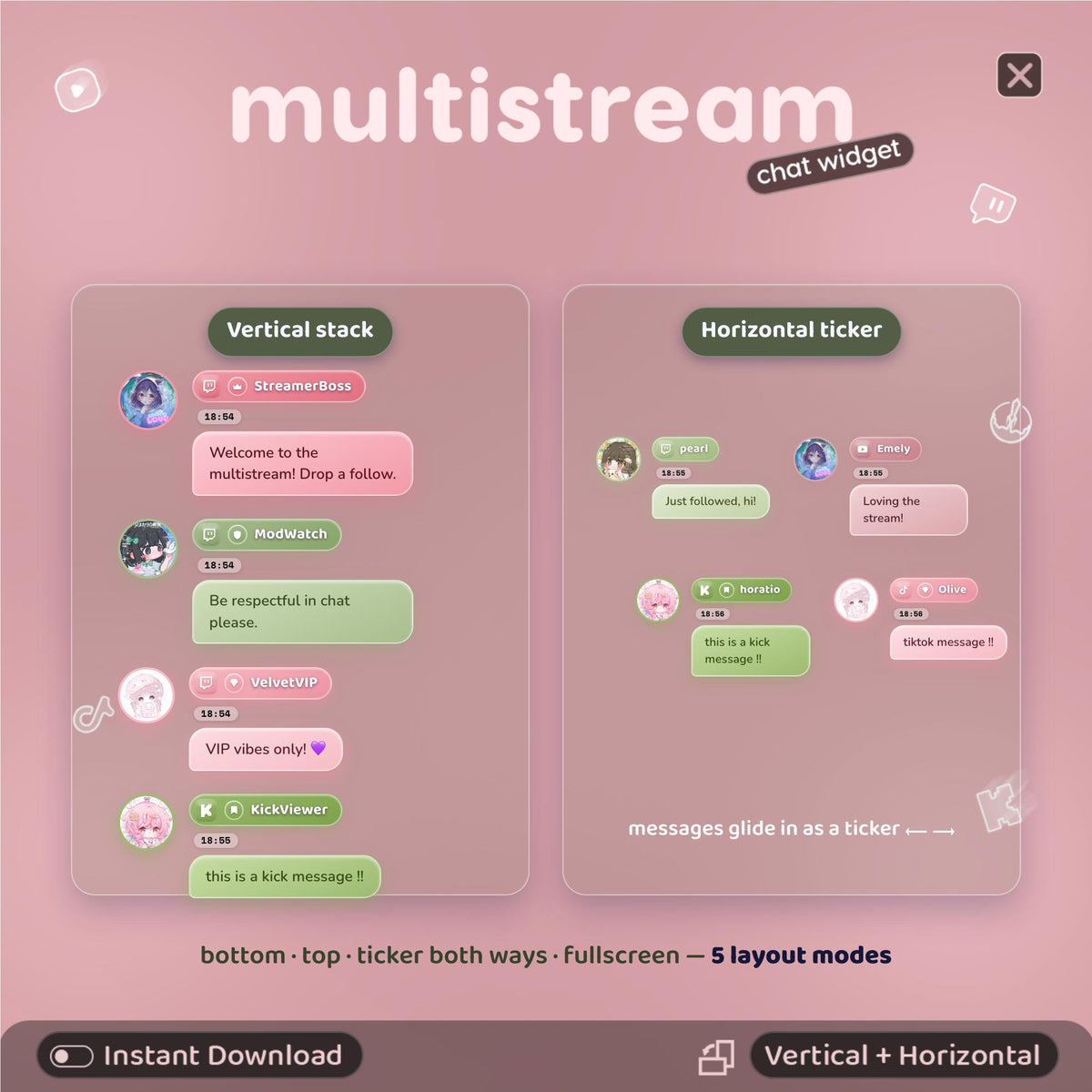 Multistream Chat Widget • Garden-Pink Overlay, 3D Chat (Digital Download)
