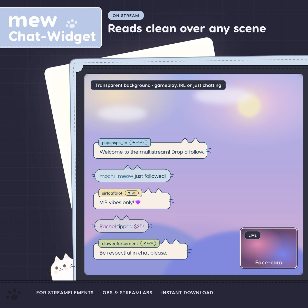 Pastel Cat Chat Widget for Twitch or Kick, StreamElements OBS Overlay, Customizable Alerts