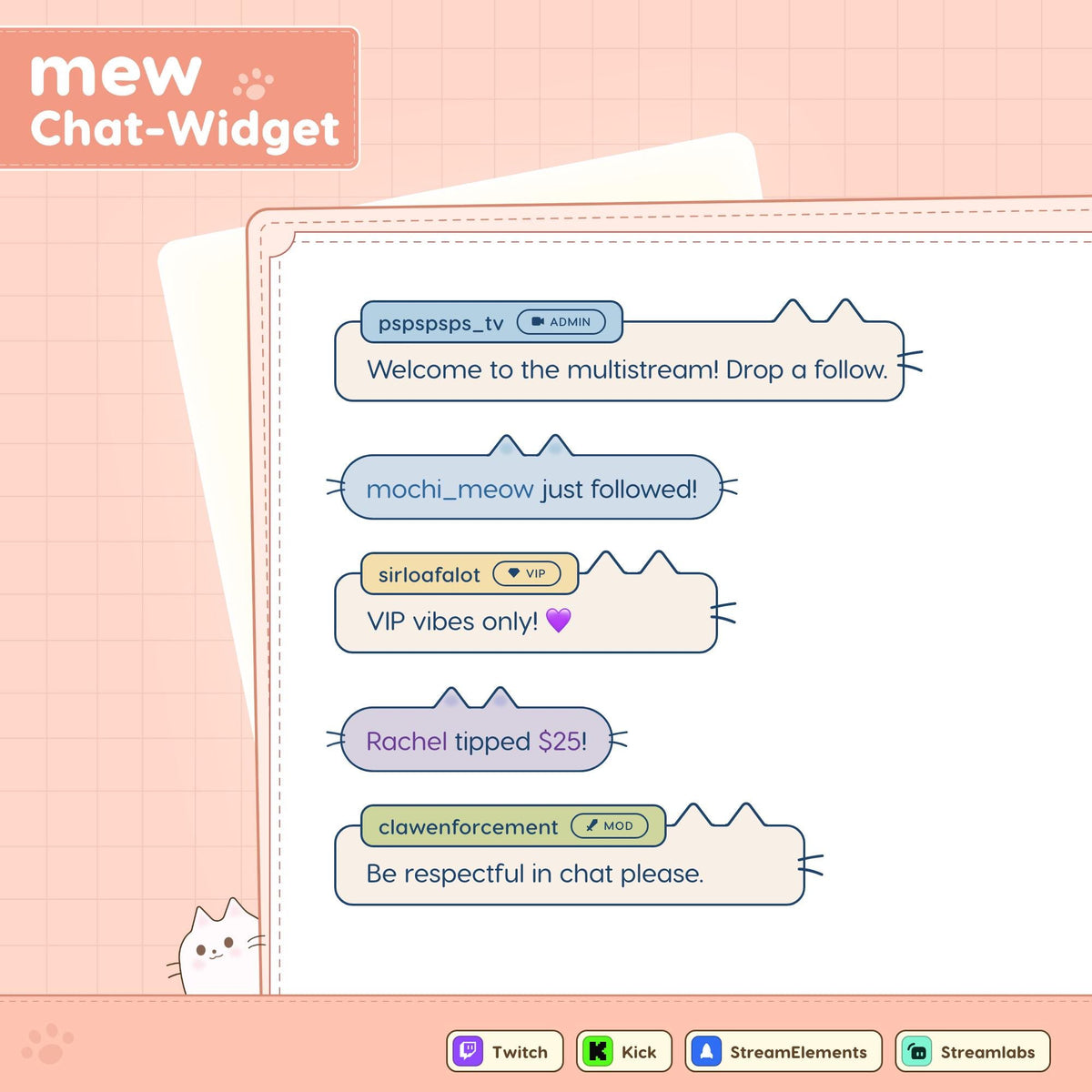 Pastel Cat Chat Widget for Twitch or Kick, StreamElements OBS Overlay, Customizable Alerts