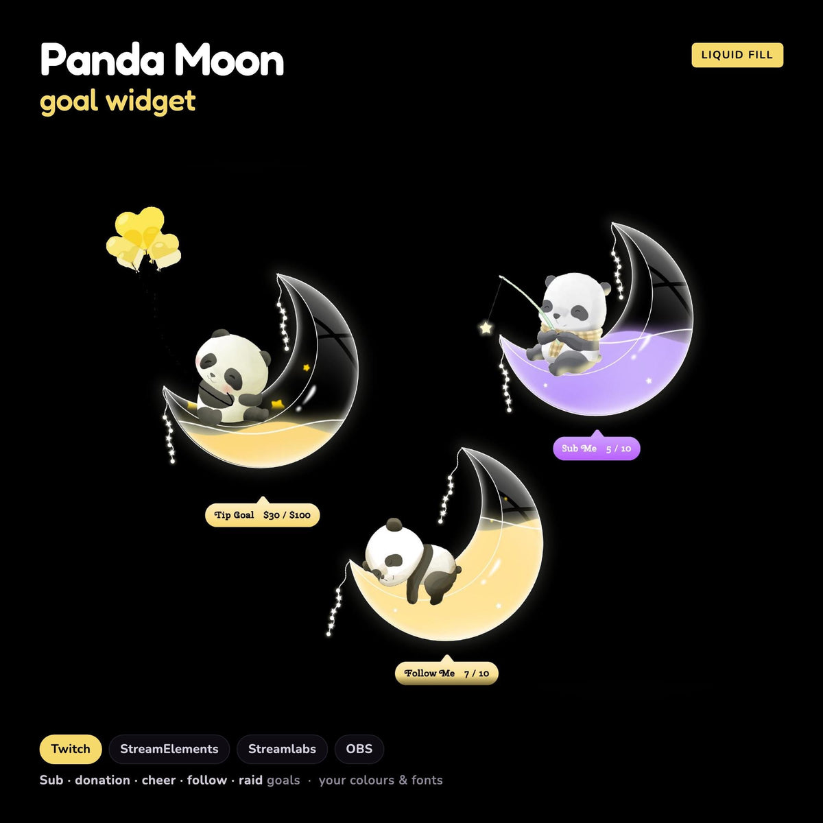 Panda Moon Goal Widget, Twitch Streamlabs Elements (Digital Download)