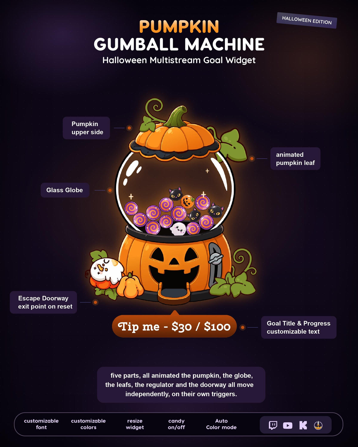 MultiStream Halloween  Pumpkin Candy Jar Machine Goal Widget | Twitch YouTube Kick  Follower Sub Tip Bar | Animated OBS Overlay