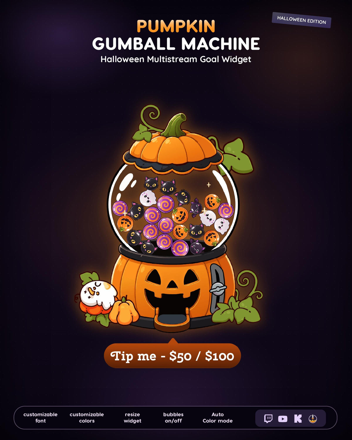 MultiStream Halloween  Pumpkin Candy Jar Machine Goal Widget | Twitch YouTube Kick  Follower Sub Tip Bar | Animated OBS Overlay